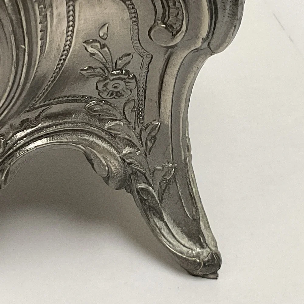 Vintage Pewter Intricate Floral Jewelry Casket Box Ornate Victorian Design Japan